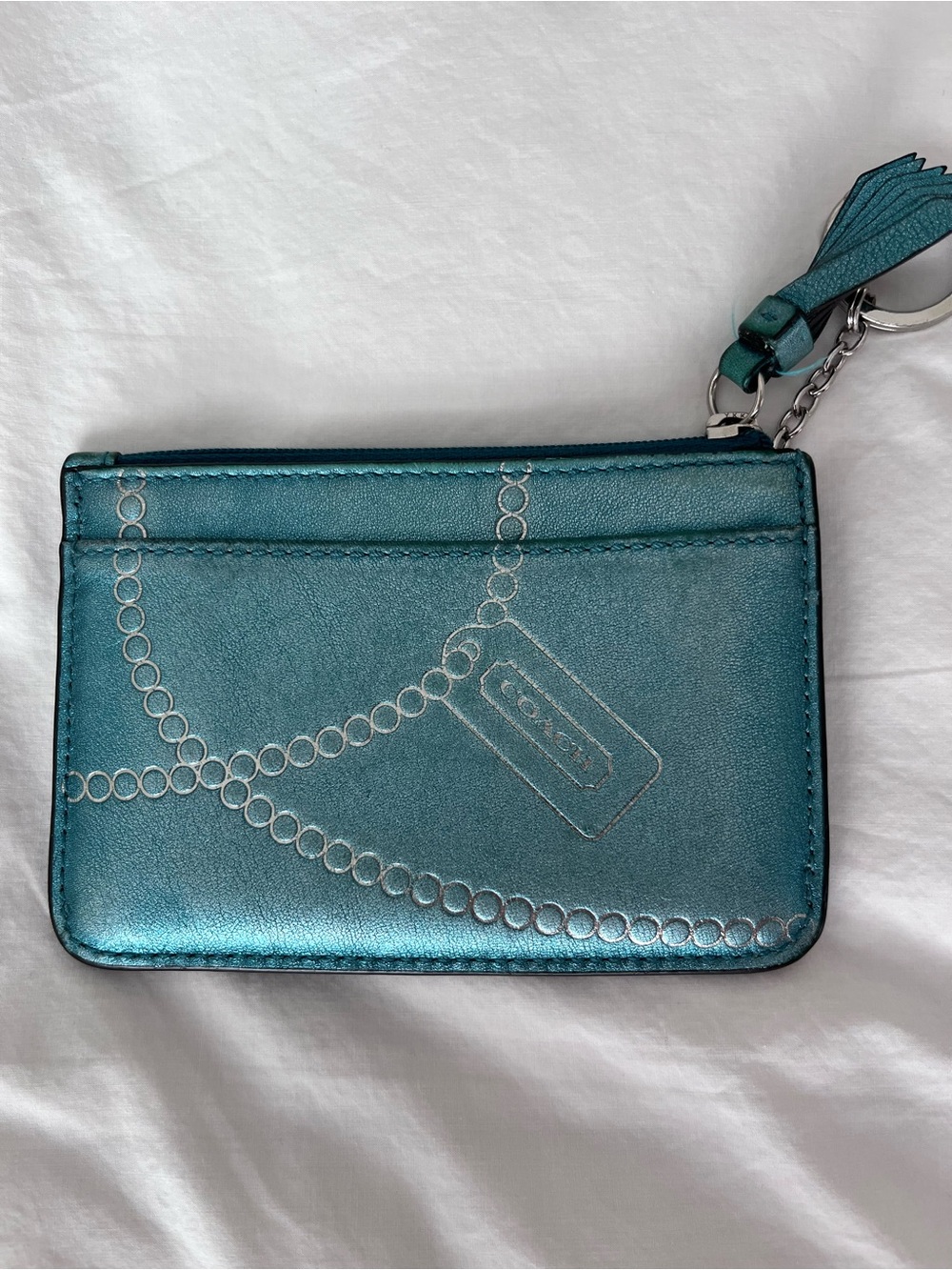 Coach Metallic Teal Card Case with Tassel Keyring